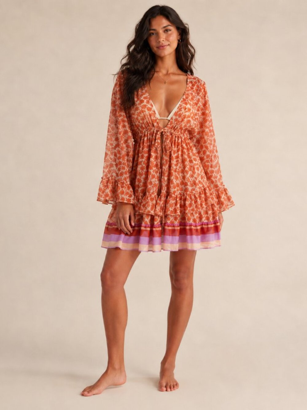 NWT Girl Soul Orange Floral Sheer Ruffle Cover Up Drawstring Waist Plus 3XL